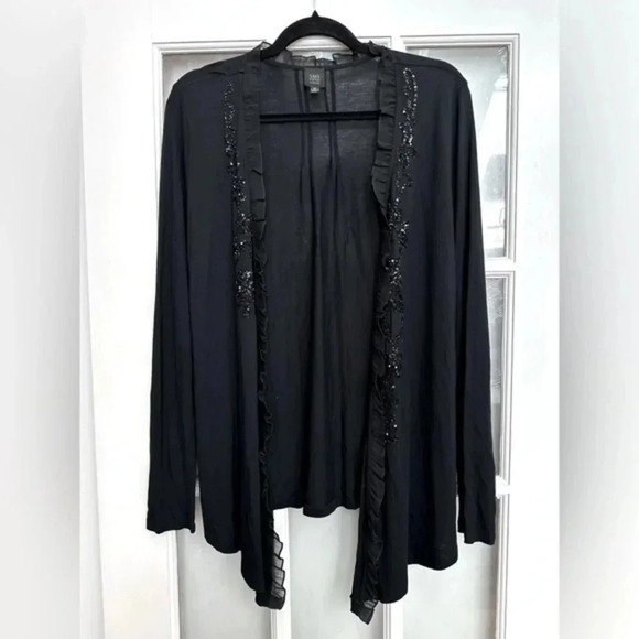 Saks Fifth Avenue Black Ruffle Sequin Lightweight Open Front Cardigan Size M - Picture 1 of 13